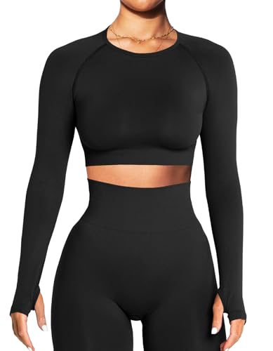 Navneet Women Long Sleeve Gym Tops Gym Crop Top Compression Workout Top Pilates Yoga Tops Running Sports Fall Outfits Black S