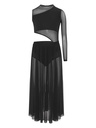ranrann Enfant Fille Asymétrique Robe Danse Classique Justaucorps Robe Danse Latine Ballet Une Epaule Costume Spectacle Dancewear Noir 11-12 Ans