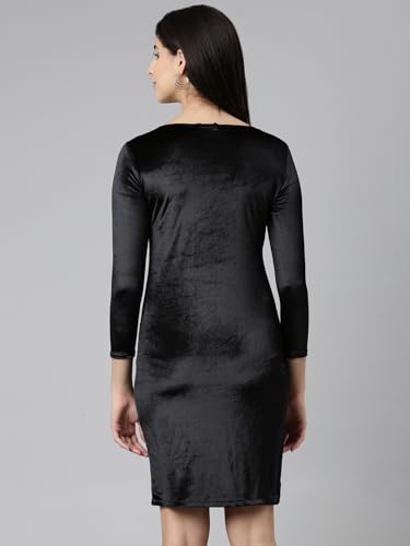 Image of SHOWOFFFF Women Solid Sheath Casual Dress | V Neck Full Sleeves Velvet Dress for Womens | Above Knee Dress for Women's
