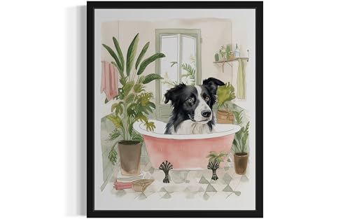 Image of Border Collie in Bathtub Black Framed Wall Art Poster Print, Animal Bathtub Restroom Wall Art Painting for Bathroom Decor Gallery Gallery 30 (Border Collie in Bathtub,10 inch L x 8 inch W, Black Frame)