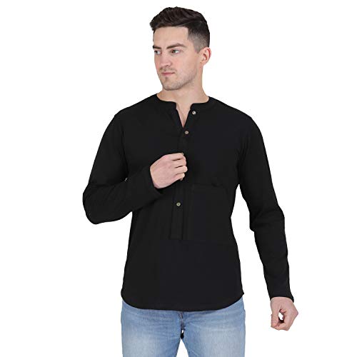 Image of Men Black Henley Neck Cotton Full Sleeve T-Shirt