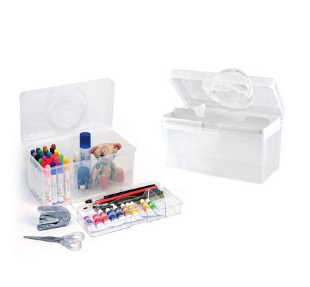 Image of livinbox 9 inch Portable Plastic Toolbox with Handle & Removable Tray, First Aid Carrying Case and Storage Organizer for Art, Craft & Sewing Supplies, Transparent Beige, TB-300-BU