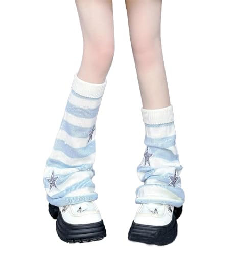 Zocvyi Striped Leg Warmers for Women Kawaii Star Leg Warmers Knitted Flared Leg Sleeves Gothic Harajuku Leg Cover Stockings (Blue-Star One size)