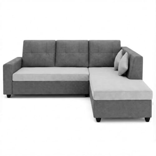 Image of FURNY Nathan 4 Seater L Shape Sofa Set RHS (Light Grey-Dark Grey) | Suede Velvet Finish | Durable Comfort Sofa for Modern Living Room & Office Spaces