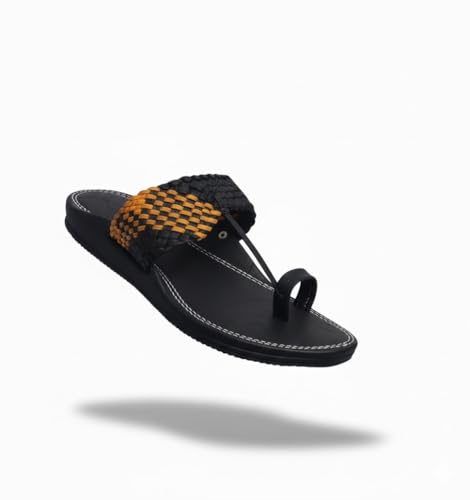 Image of Agadi Men's Kolhapuri Style Sandals | Handcrafted Woven Strap Toe Ring Chappals | Comfortable Ethnic & Casual Slip-On Footwear for Men