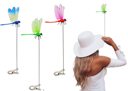XITORAS 3 Piece Outdoor Set,3D Dragonfly Garden Decorations, Colorful Hat Clips