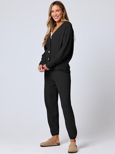 ANRABESS Women 2 Piece Lounge Sets 2025 Fall Outfits Casual Waffle Knit Cardigan Sweater Pant Set Travel Airport Clothes4