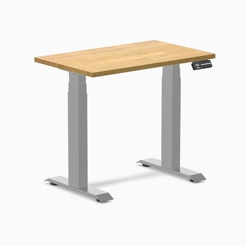 Image of Desky Small Electric Standing Desk, 32 x 20 inches Rubberwood Height Adjustable Sit Stand Desk with Dual Motor and Memory Presets, Compact Home Office Workstation - Light Oak Wood Top