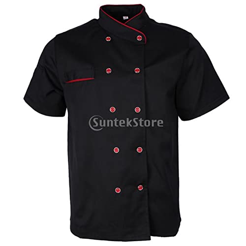 Uni Short Sleeve Chef Jacket Kitchen Cook Coat Uniforms XL Black-image-17