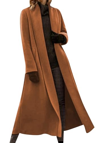 Image of FLITAY Womens Work Winter Wrap Overcoat Full Length Dressy Pea Coat Plus Size Slim Office Coats Brown 5XL