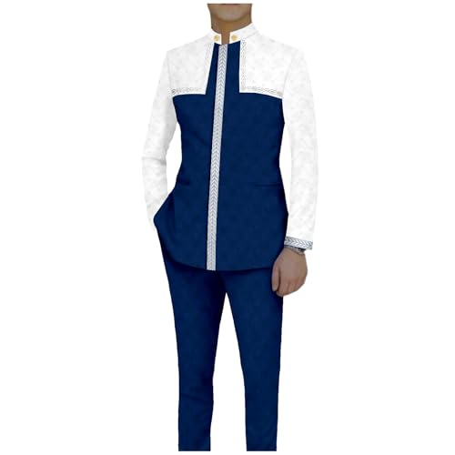 African Suits for Men Slim Fit Embroidery Jacket with Kerchief and Pants 2 Piece Set for Wedding