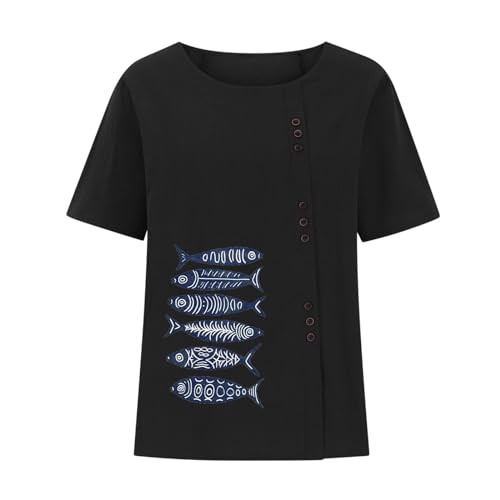 Women Tops Short Sleeve Simple Fish Print Retro Top Side Button Crewneck Loose Comfy Blouse Soft Shirts Shirts3