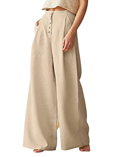 chouyatou - Pantalones casuales de verano para mujer, de talle alto, algodón, lino, pierna ancha, con bolsillos, Caqui, XXL