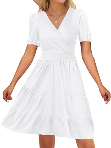 Image of Women's Casual Summer Dress V Neck Short Sleeve Flowy Stretchy Comfort Fit for Daily Wear Work Midi Dresses