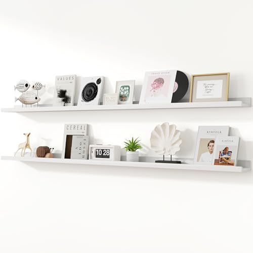 RICHFOCUS Juego de 2 estantes flotantes de madera natural de 72 pulgadas de largo con borde para almacenamiento en pared, estantes flotantes para libros de guardería, sala de estar, baño, dormitorio,