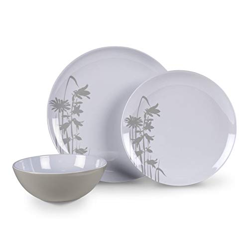 Geschirr Set 12teilig Melamin Camping Picknick Geschirr weiß/grau Blumen Gräs...