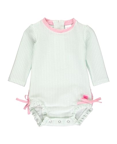 Image of RuffleButts Baby/Toddler Girls Seersucker Long Sleeve One Piece Rash Guard Swimsuit with UPF 50+ Sun Protection