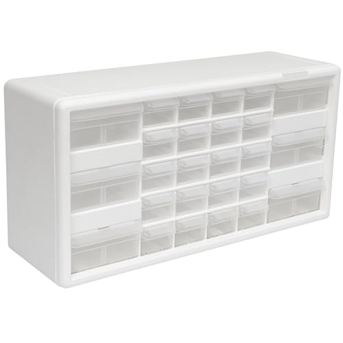 Akro-Mils 26-Drawer Plastic Drawer Storage Cabinet for Garage Organization, Bead Organizer, Building Bricks Storage, Teacher Toolbox, Makeup Organizer, 20' W x 6' D x 10' H, 10124 White