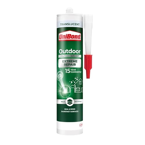 UniBond Outdoor Extreme Repair Sealant Polymer Based Outdoor Sealant Suitable for Use on Various Materials* Weather Resistant and Waterproof Translucent 1 x 389g Cartridge