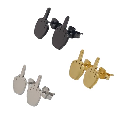 3 Pairs Punk Middle Finger Earrings Stud Cool Stainless Steel 20g Silver 'Fuck You' Studs for Men Funny Male Earings Men’s Earring Jewelry (Gold Black Silver)