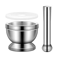 Mörser mit Stößel - 304 Edelstahl Mörser und Stößel mit PE-Deckel, Ø 10 cm - mörser mit stößel klein zum Mahlen von Gewürzen, Kräutern, Knoblauch, Nüssen - Auch als Tablettenmörser, Mörser Tabletten