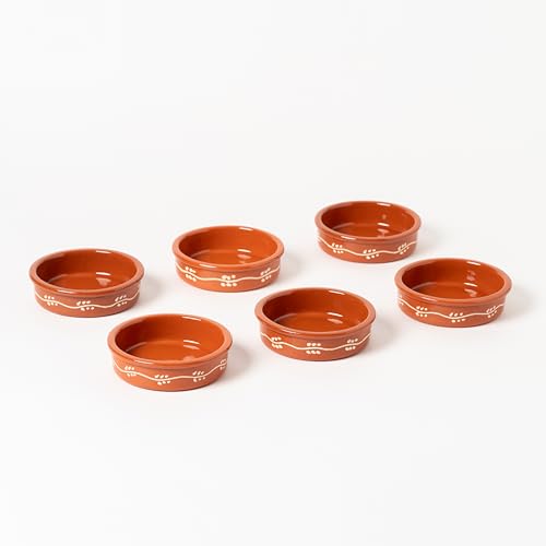 Set de 6 Cazuelas de Barro Decoradas para Horno, ø12x3 cm, Cuencos de Tapas, Cazuelas redondas de barro para postres o tapas.