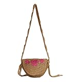 女性用ストロークロスボディバッグ、かぎ針編みフラワービーチバッグ、ハンドメイド織物バッグ、ラフィアバッグ、サッチェル、夏休み, ローズ, One Size