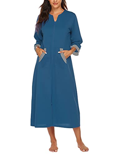 Image of Ekouaer Women Zipper Robe 3 /4 Sleeves Loungewear Dress Full Length Sleepwear Pockets Housecoat Nightgown Long Bathrobe
