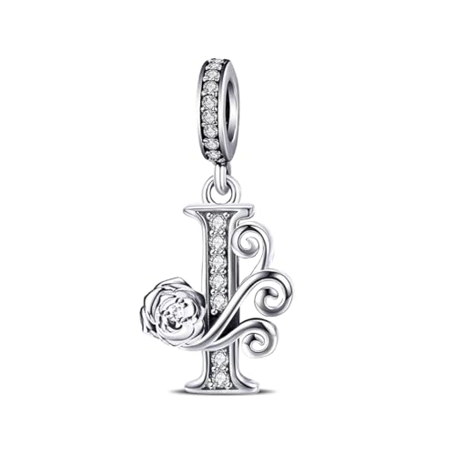 LNQOBU Complete A~Z Alphabet Charm Letter Beads, Solid 925 Sterling Silver with Cubic Stones Rose Alphabet Charm fits Pandora Bracelets Necklace Women Jewelry