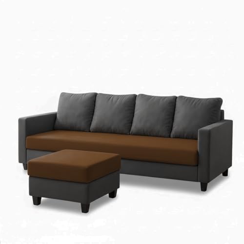 Image of FURNY Arnold 5 Seater L Shape Sofa Set with Movable Ottoman | Flexible Left or Right Layout | Plush Velvet Fabric (Dark Grey-Dark Brown) | Perfect for Living Room, Guest Room & Office