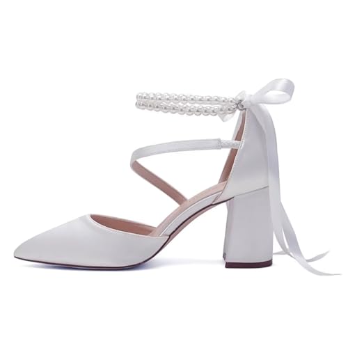 Image of Block Heel Wedding Shoes for Bride Closed Toe Pearl Bridal Shoes Wedding Chunky Heels