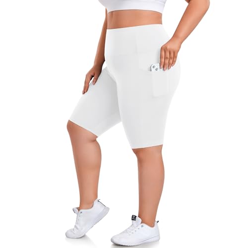 we fleece Plus Size Biker Shorts with Pockets for Women - High Waisted Spandex Athletic Bike Shorts for Yoga Workout White