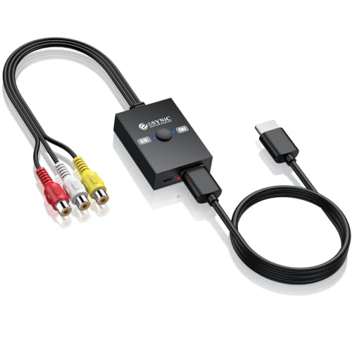 eSynic Cinch zu HDMI Konverter 1080P/720P 4:3/16:9 Umschaltung Composite CVBS AV Audio Video Adapter 50cm Kabel & USB-Netzkabel Kompatibel mit Wii/PS1/PS2/N64/VCR/DVD für Retro-Spiele & Alte VHS Filme