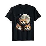 満月と三匹の茶トラ猫 夜空 星 星明り 幻想 可愛い 猫 猫好き 天体観測 月夜 宇宙 Tシャツ