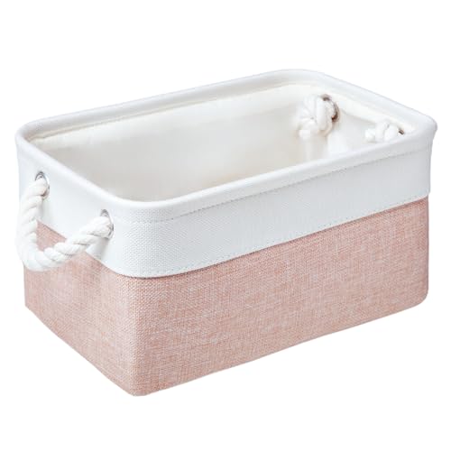 PWVMWM Small Storage Box With Handles Small Storage Baskets As Gift Basket for Toys Towels Makeup Folding Canvas Fabric Material Storage Box for Dog Cat Toy Box 31 X 21 X 16 cm (White Pink-1pcs)