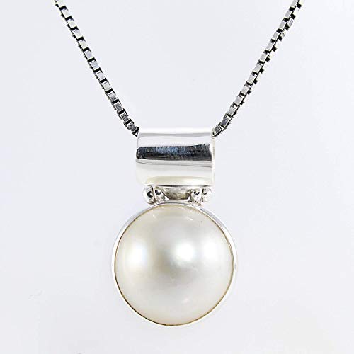 genuine round white mabe pearl set in 925 sterling silver necklace pendant, 10 mm drop length, genuine round white mabe pearl necklace pendant for women