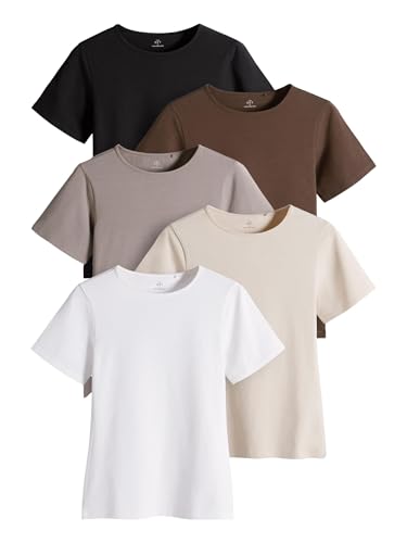 Photo de THE SET Femme T-Shirt Ras du Cou ajusté à Manches Courtes, Lot de 5 Noir/Brun/Neutre/Nude/Blanc XL