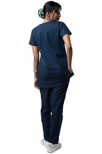 Image of UNIFORM CRAFT Women's 4 Pocket Scrub Suit Set | Medical Uniform | Cross V-Neck Poly Cotton | Short Sleeve Hospital Wear | Ideal for Doctors & Nurses (Olive Blue, 3XL)
