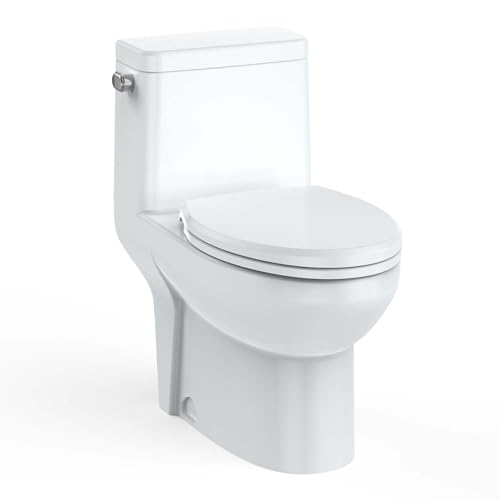 Inodoro de una pieza alargado con asiento de cierre suave, descarga lateral simple de 1,27 GPF, altura cómoda del asiento, tapa en forma de V, inodoro moderno fácil de limpiar para baño miniatura 1