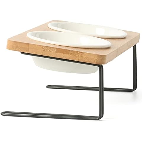 FUKUMARU - Cuencos de cerámica elevados para gatos y perros en soporte de bambú Cover