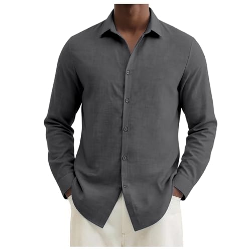 Generisch Camisa de lino para hombre, manga larga, sin planchado, camisa de ocio, corte regular, camisas de negocios, camisa de algodón con botones y bolsillo en el pecho, gris, 3XL