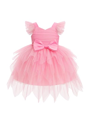 IDOPIP Toddler Girls Birthday Dresses Asymmetrical Ruffle Tulle Tutu Princess Birthday Party Dress Pageant Smocked Bow Gown