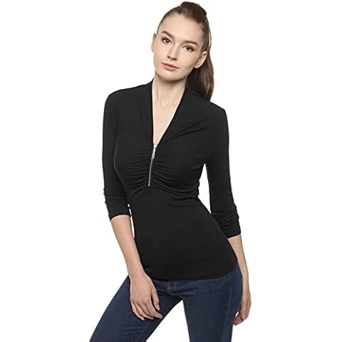 AmélieBoutik Women V Neck Zip Front Ruched Long Sleeve Blouse Top, Black, Medium Cover