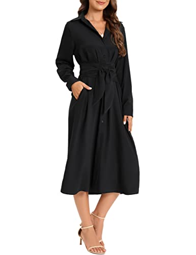 Manaixuan Women's Casual Flowy Tie Waist Button Down Long Sleeve Fall Midi Shirt Dress Black #TOP1