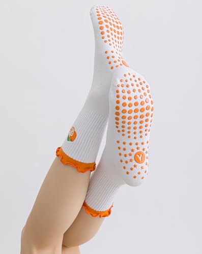 Image of Yawlsow Cute Pilates Grip Socks for Women Ruffle Frilly Yoga Socks Non Slip Cotton Crew Grippy Sock for Barre Workout