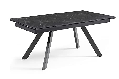 Esstisch, ausziehbar, 160/240 cm, aus Keramik, schwarz, marmoriert, matt, mit 4 abgeschrägten Beinen, Metall, Schwarz – Indiana 08