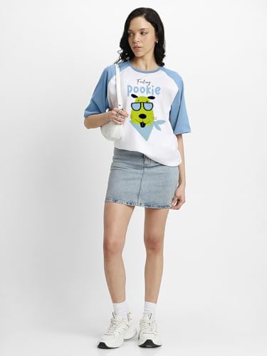 Image of JUNEBERRY 100% Pure Cotton Oversized Loose Baggy Fit Drop Shoulder Half Sleeve Round Neck Cool Front Teddy Printed Cork & White T-Shirt for Women /Girls (Available in from S to 2XL)