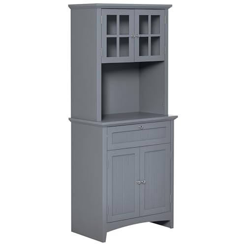 HOMCOM Elegant Buffet with Hutch, Kitchen Pantry Storage Cabinet with Framed Glass Door Drawer and Microwave Space, Grey