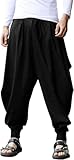 COOFANDY Black Harem Pants Men Baggy Linen Pant Hippie Beach Boho Yoga Cotton Casual Pants Black, X-Large