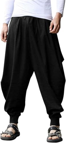 COOFANDY Mens Harem Linen Hippie Pants Crotch Drop Baggy Cotton Yoga Pants Elastic Waist Trousers Black